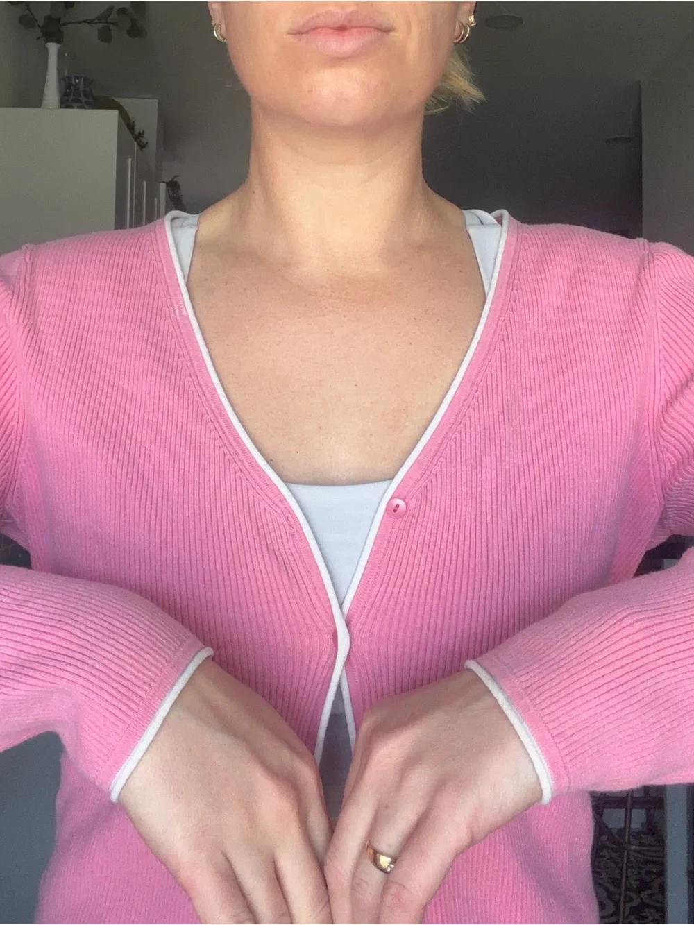 LOFT Pink Ribbed V-Neck Cardigan with white Trim - Picture 4 of 15